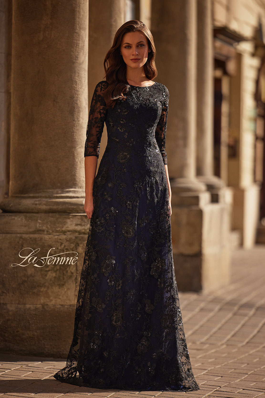 Picture of: Mother of the Bride Dress with Full Skirt and Illusion Neckline in Black Navy, Style: 30825, Main Picture
