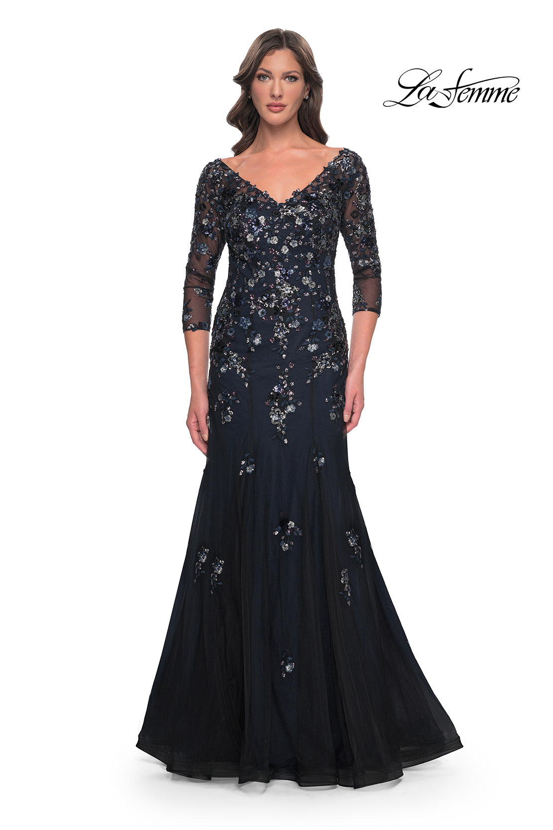 Picture of: Mermaid Lace Applique Gown with V Neckline and Sleeves in Black Navy, Style: 30860, Main Picture