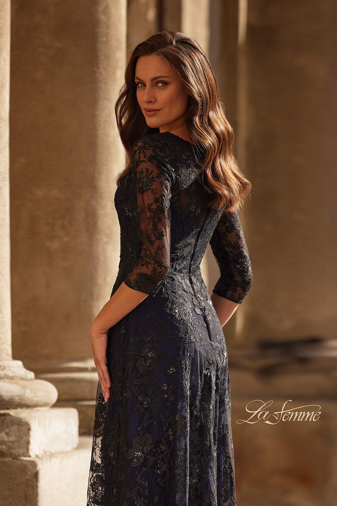 Picture of: Mother of the Bride Dress with Full Skirt and Illusion Neckline in Black Navy, Style: 30825, Detail Picture 2