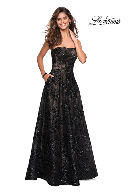 Picture of: Strapless A Line Lace Prom Dress with Beaded Detail in Black Nude, Style: 27164, Main Picture