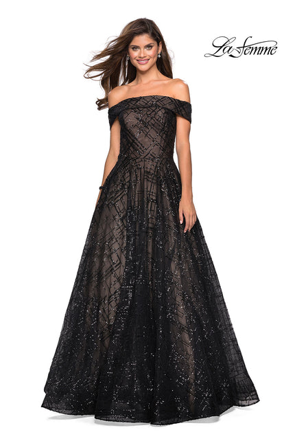 Picture of: sequin Ball Gown with Off the Shoulder Top in Black Nude, Style: 27577, Main Picture