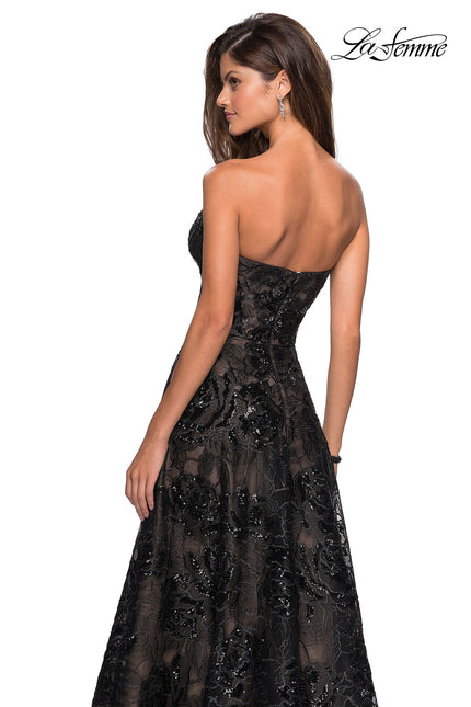 Picture of: Strapless A Line Lace Prom Dress with Beaded Detail in Black Nude, Style: 27164, Back Picture