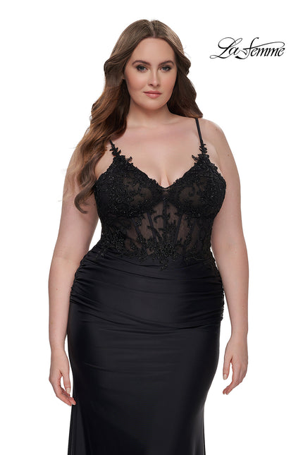 Picture of: Long Plus Size Jersey Dress with Illusion Lace Bodice in Black, Style: 32226, Main Picture