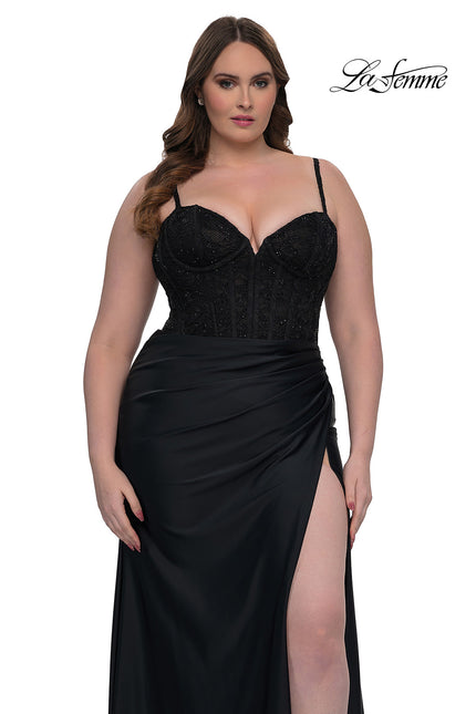Picture of: Plus Size Prom Dress with Lace Corset Top and Jersey Skirt in Black, Style: 32449, Main Picture