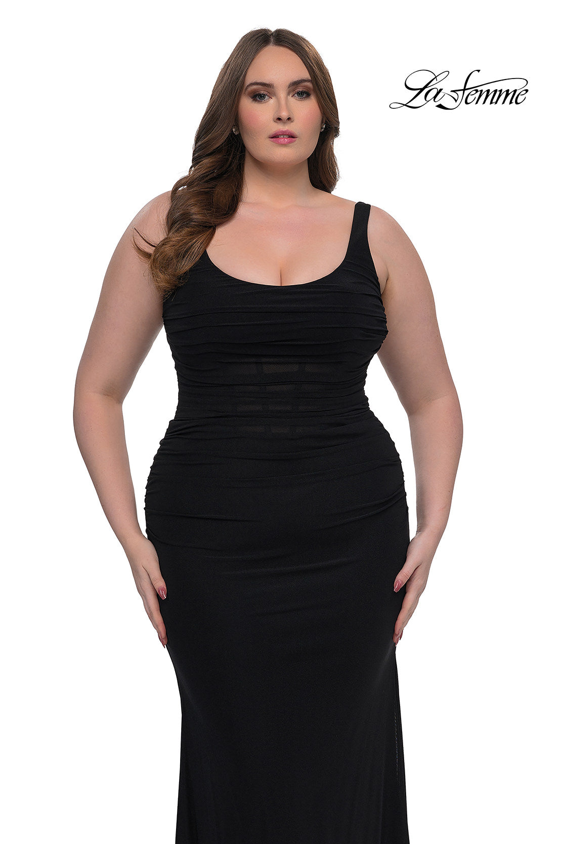 Picture of: Modified Square Neckline Plus Size Dress with Ruching in Black, Style: 33005, Main Picture