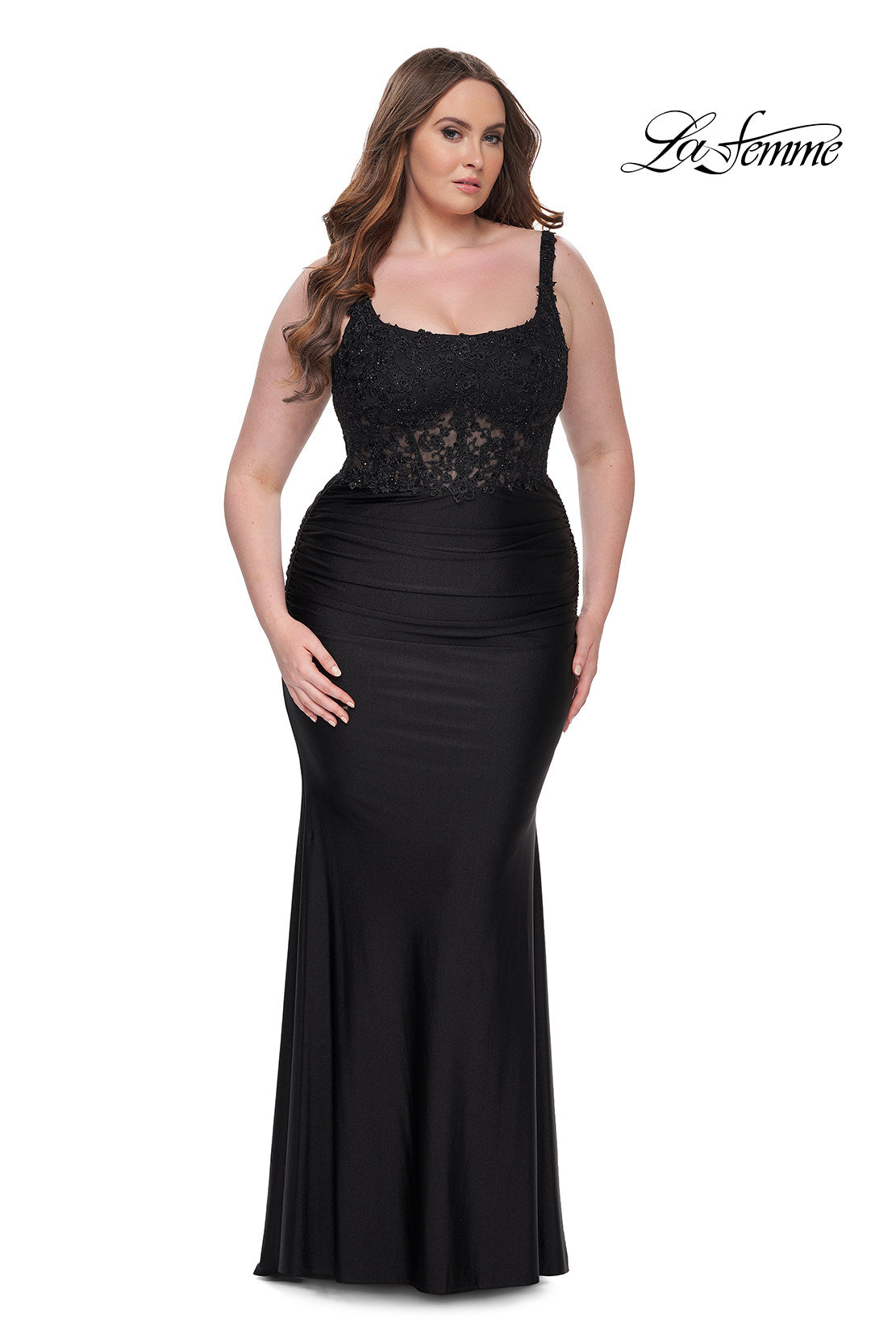 Picture of: Ruched Jersey Plus Dress with Illusion Lace Bodice and Tie Back in Black, Style: 31273, Detail Picture 8