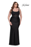 Picture of: Ruched Jersey Plus Dress with Illusion Lace Bodice and Tie Back in Black, Style: 31273, Detail Picture 8