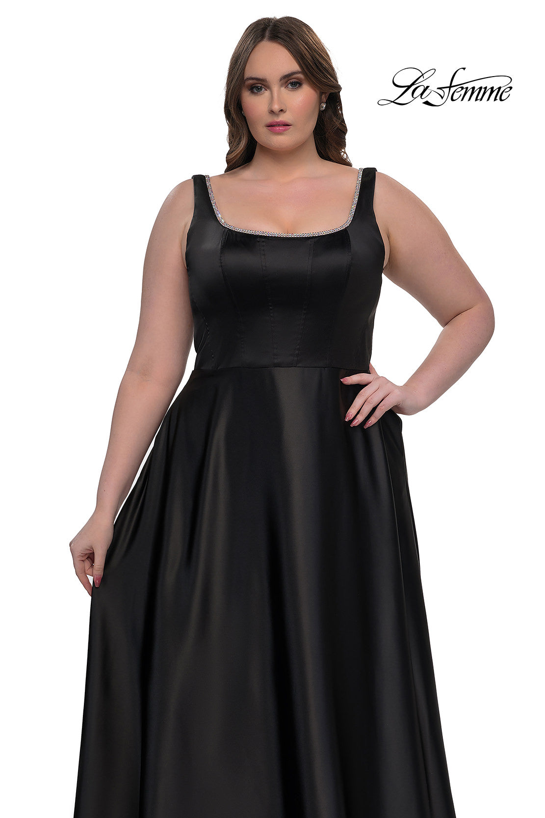 Picture of: A-line Satin Plus Prom Dress with Rhinestone Neckline in Black, Style: 33026, Detail Picture 11