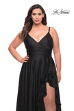Picture of: Ruffle Slit Satin Long Plus Size Dress with V Neck in Black, Style: 29740, Detail Picture 12