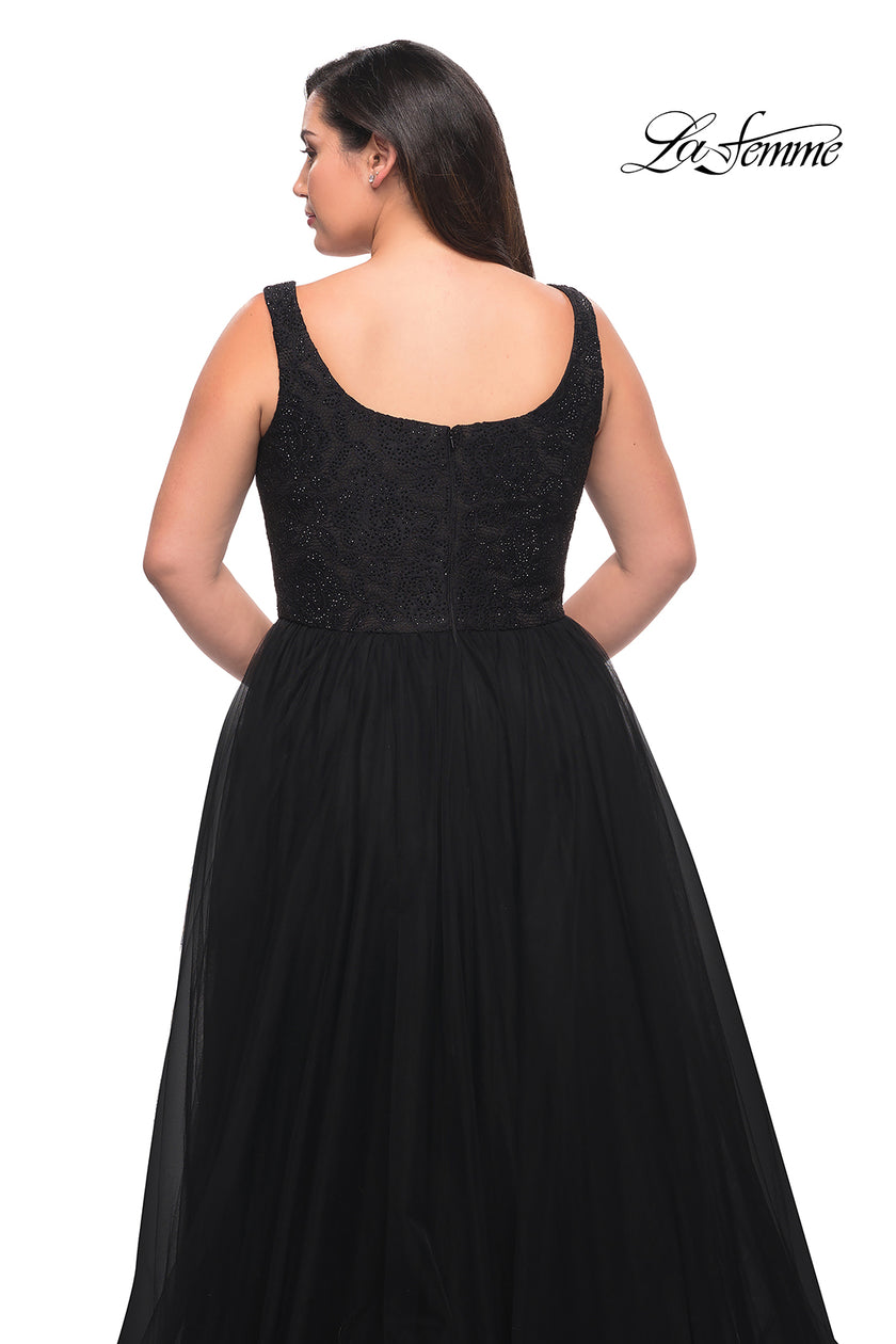 Picture of: A-line Tulle and Lace Plus Size Gown with Slit in Black, Style: 29070, Detail Picture 13