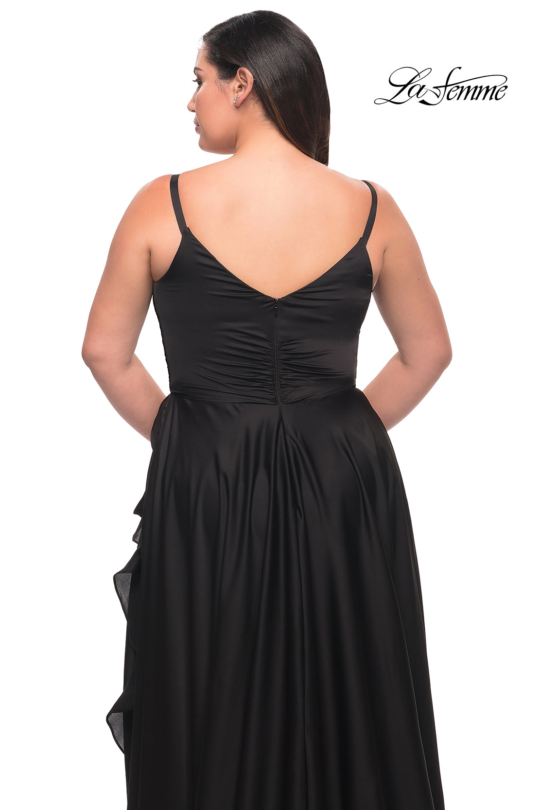 Picture of: Ruffle Slit Satin Long Plus Size Dress with V Neck in Black, Style: 29740, Detail Picture 13