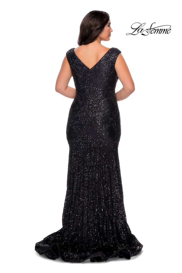 Picture of: Curvy Stretch Lace Dress with V-Neck and Rhinestones in Black, Style: 28837, Back Picture
