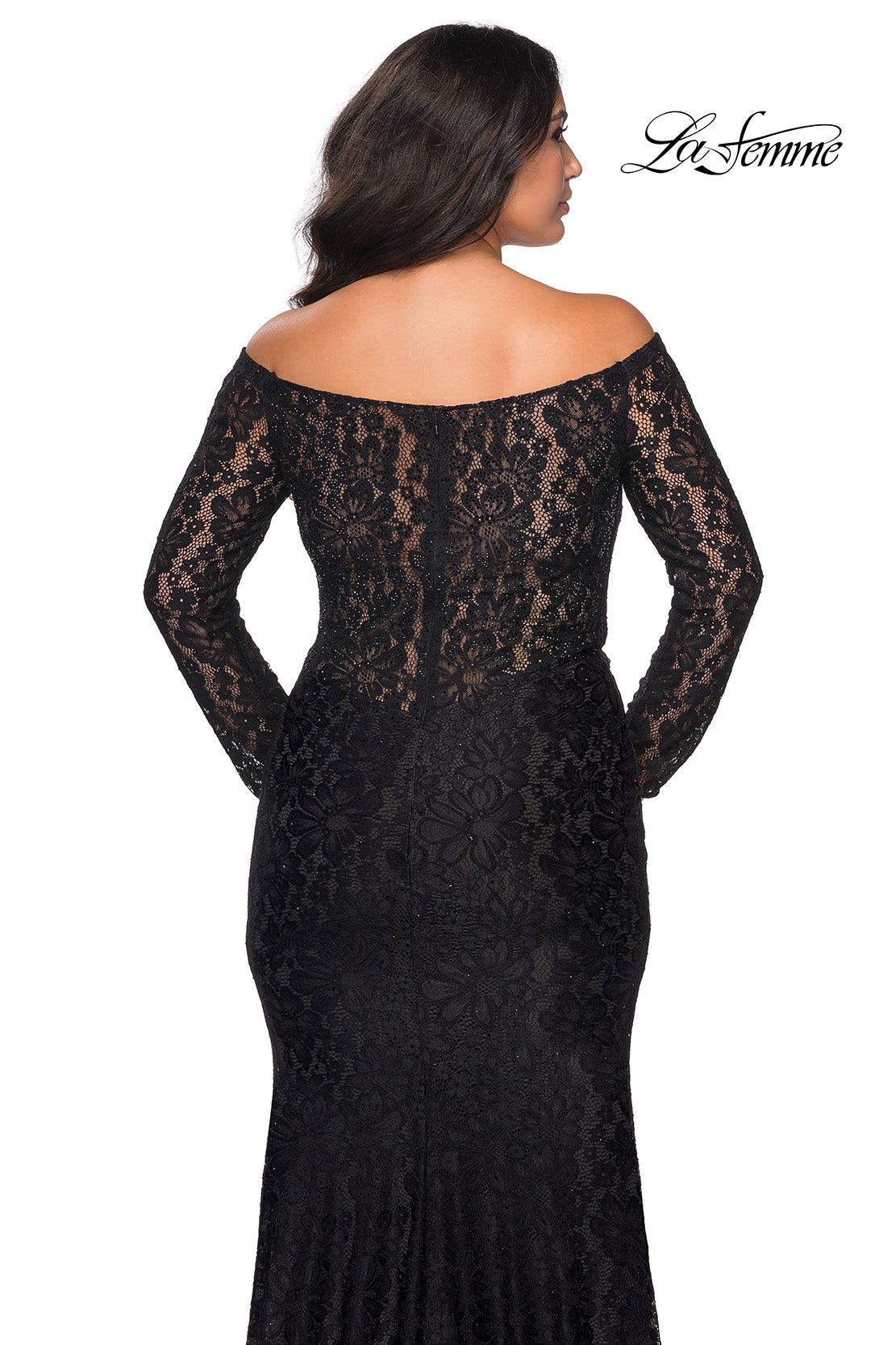 Picture of: Lace Off The Shoulder Long Sleeve Plus Dress with Stones in Black, Style: 28945, Back Picture