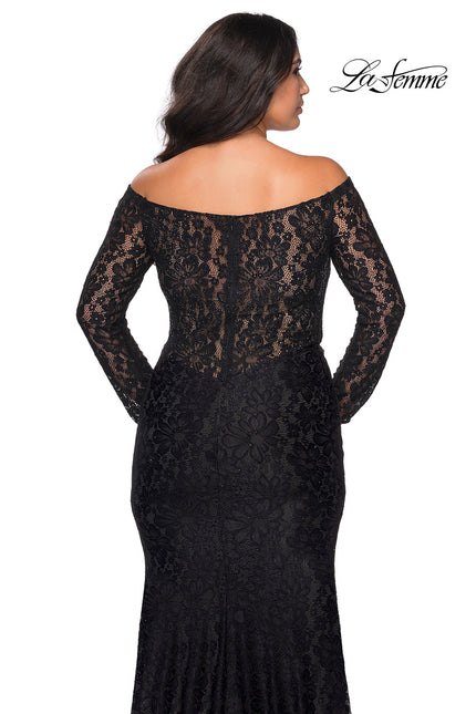 Picture of: Lace Off The Shoulder Long Sleeve Plus Dress with Stones in Black, Style: 28945, Back Picture