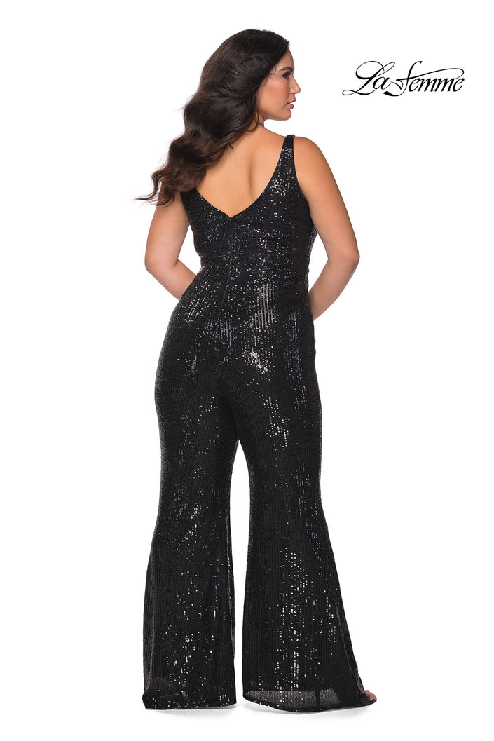 Picture of: Sequin Plus SIze Jumpsuit with Plunging Neckline in Black, Style: 29003, Back Picture