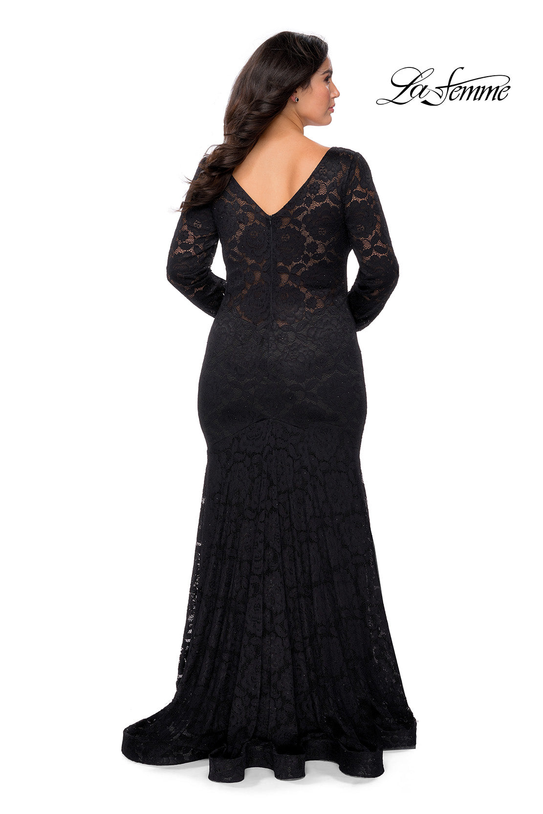 Picture of: Black Lace Curvy Prom Dress with Long Sleeves in Black, Style: 29017, Back Picture