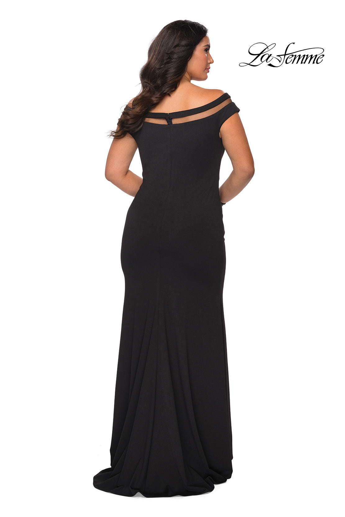 Picture of: Off The Shoulder Plus Size Gown with Sheer Neckline Detail in Black, Style: 29049, Back Picture
