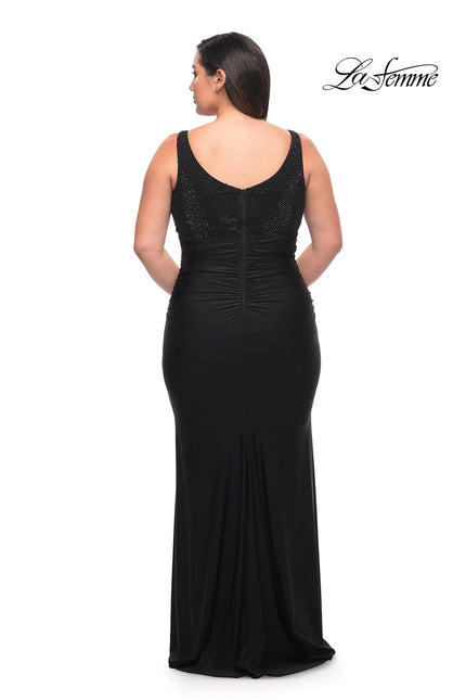 Picture of: Jersey Plus Gown with Jeweled Bodice and V Neckline in Black, Style: 29751, Back Picture