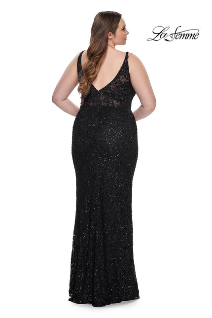 Picture of: Fitted Beaded Lace Plus Size Prom Dress with Illusion Waist in Black, Style: 31535, Back Picture