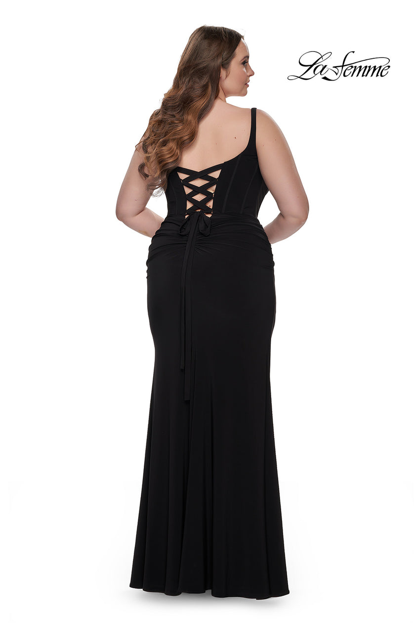 Picture of: Jersey Long Plus Size Dress with Bustier Top and Tie Back in Black, Style: 32190, Back Picture