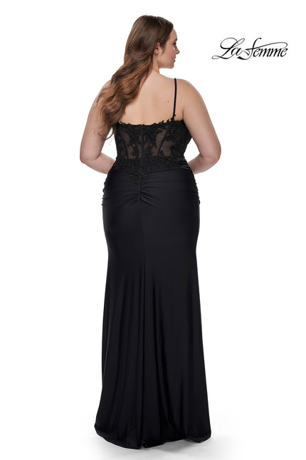 Picture of: Long Plus Size Jersey Dress with Illusion Lace Bodice in Black, Style: 32226, Back Picture