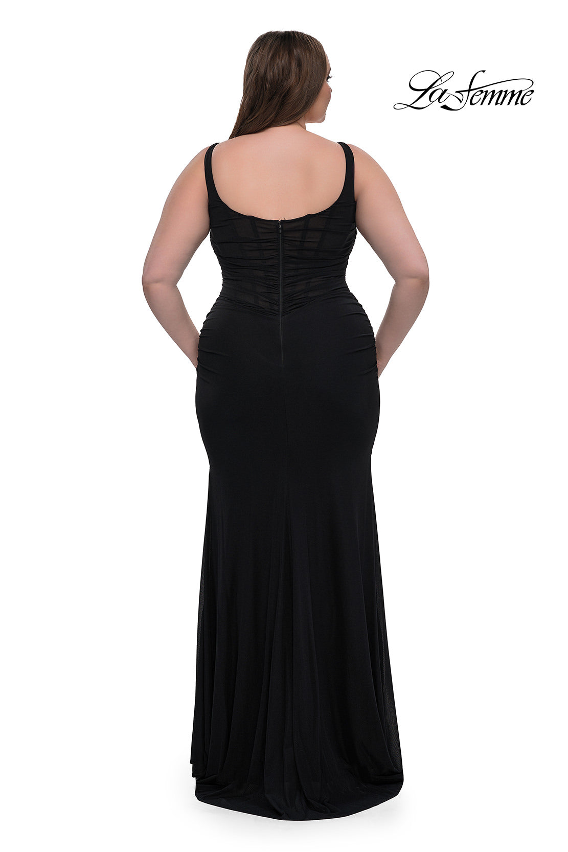 Picture of: Modified Square Neckline Plus Size Dress with Ruching in Black, Style: 33005, Back Picture
