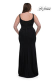 Picture of: Modified Square Neckline Plus Size Dress with Ruching in Black, Style: 33005, Back Picture
