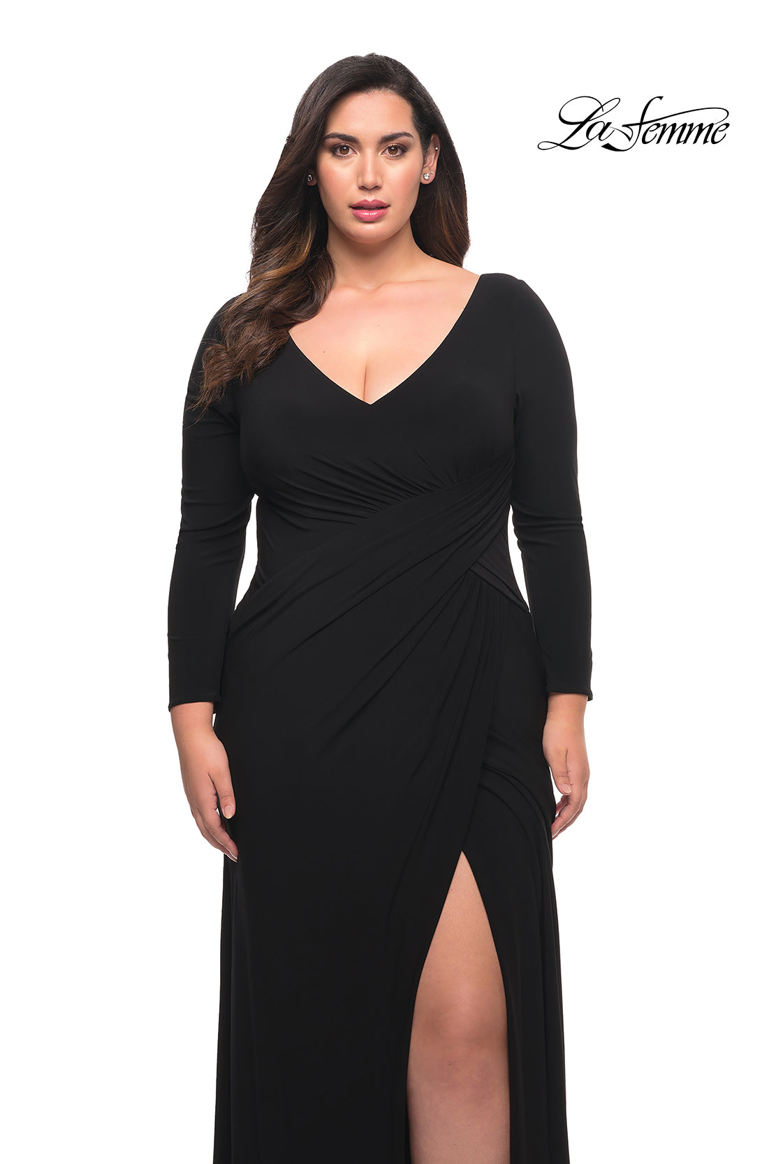 Picture of: Long Sleeve Jersey Plus Dress with Slit in Black, Style: 30071, Detail Picture 1