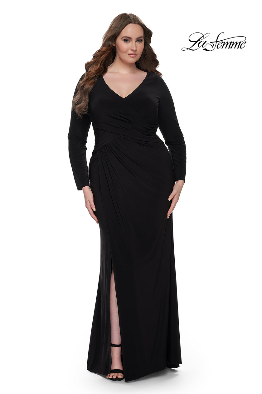 Picture of: Long Sleeve Jersey Plus Size Evening Dress with Ruching in Black, Style: 32191, Detail Picture 1