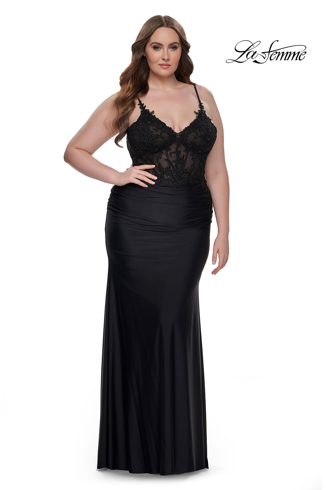 Picture of: Long Plus Size Jersey Dress with Illusion Lace Bodice in Black, Style: 32226, Detail Picture 1