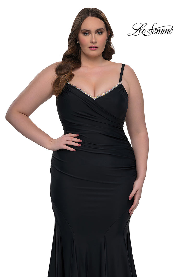 Picture of: Chic Plus Size Dress with Ruching and Rhinestone Neckline Detail in Black, Style: 33057, Detail Picture 1