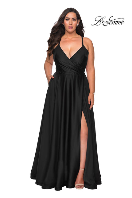Picture of: Satin A-line Plus Dress with Lace Up Back and Pockets in Black, Style: 29033, Detail Picture 2