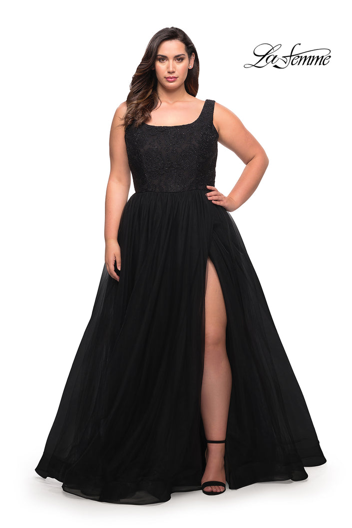 Picture of: A-line Tulle and Lace Plus Size Gown with Slit in Black, Style: 29070, Detail Picture 2