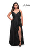 Picture of: Ruffle Slit Satin Long Plus Size Dress with V Neck in Black, Style: 29740, Detail Picture 2