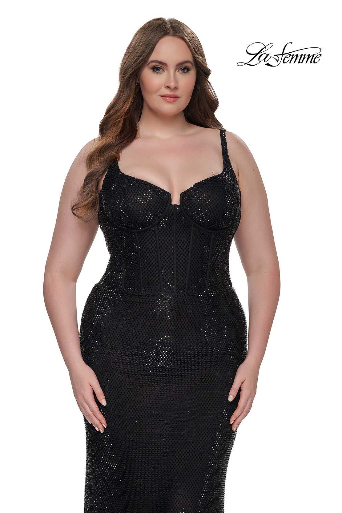 Picture of: Rhinestone Fishnet Plus Size Dress with Bustier Top in Black, Style: 32189, Detail Picture 2