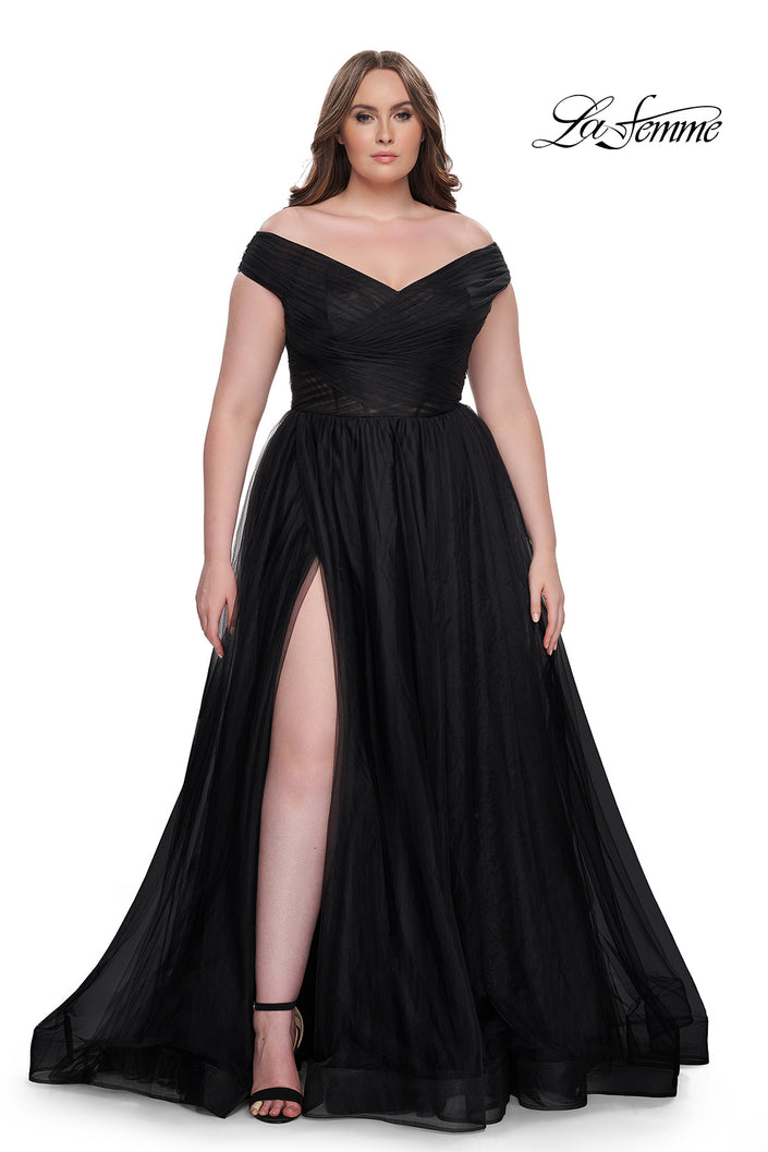 Picture of: A-Line Tulle Off the Shoulder Plus Size Dress with Slit in Black, Style: 32204, Detail Picture 2
