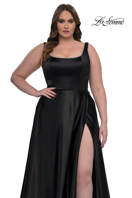 Picture of: A-line Satin Plus Prom Dress with Rhinestone Neckline in Black, Style: 33026, Detail Picture 2