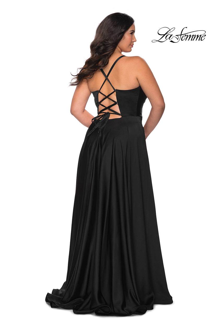 Picture of: Satin A-line Plus Dress with Lace Up Back and Pockets in Black, Style: 29033, Detail Picture 3