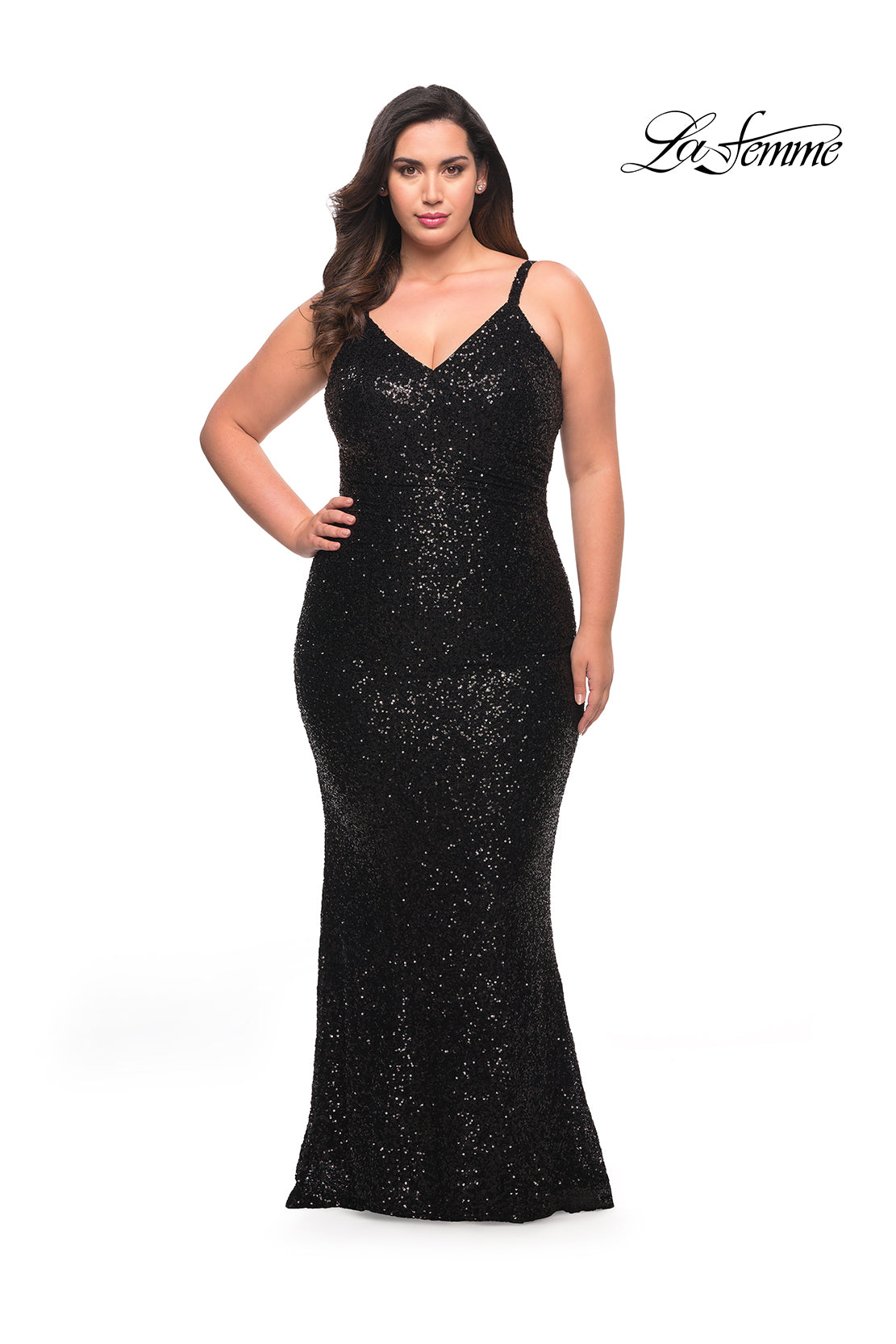Picture of: V Neck Sequin Plus Size Long Gown in Black, Style: 29546, Detail Picture 3