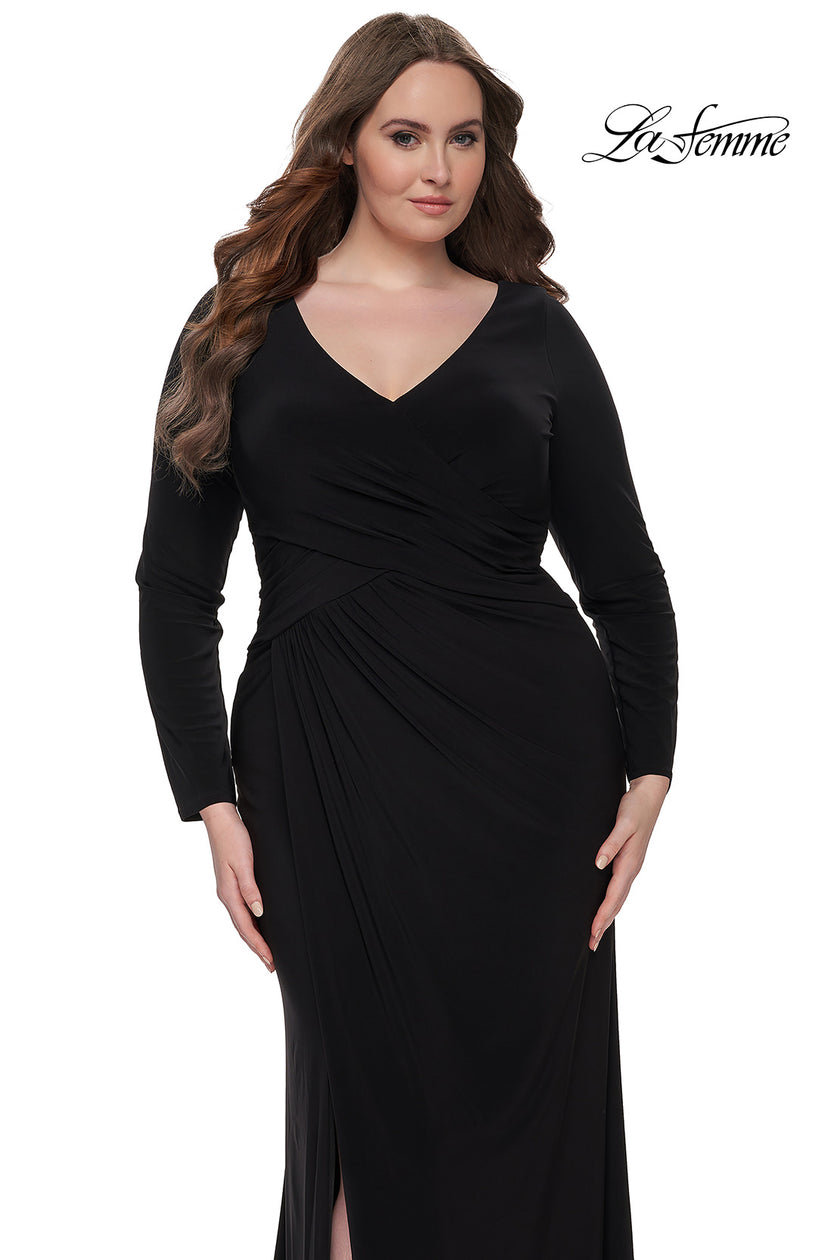 Picture of: Long Sleeve Jersey Plus Size Evening Dress with Ruching in Black, Style: 32191, Detail Picture 3