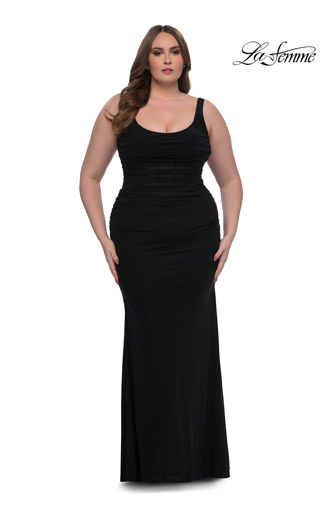 Picture of: Modified Square Neckline Plus Size Dress with Ruching in Black, Style: 33005, Detail Picture 3