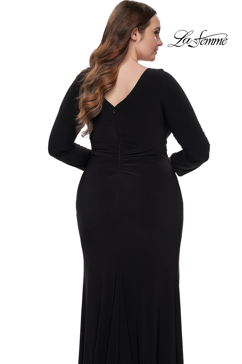 Picture of: Long Sleeve Jersey Plus Size Evening Dress with Ruching in Black, Style: 32191, Detail Picture 4