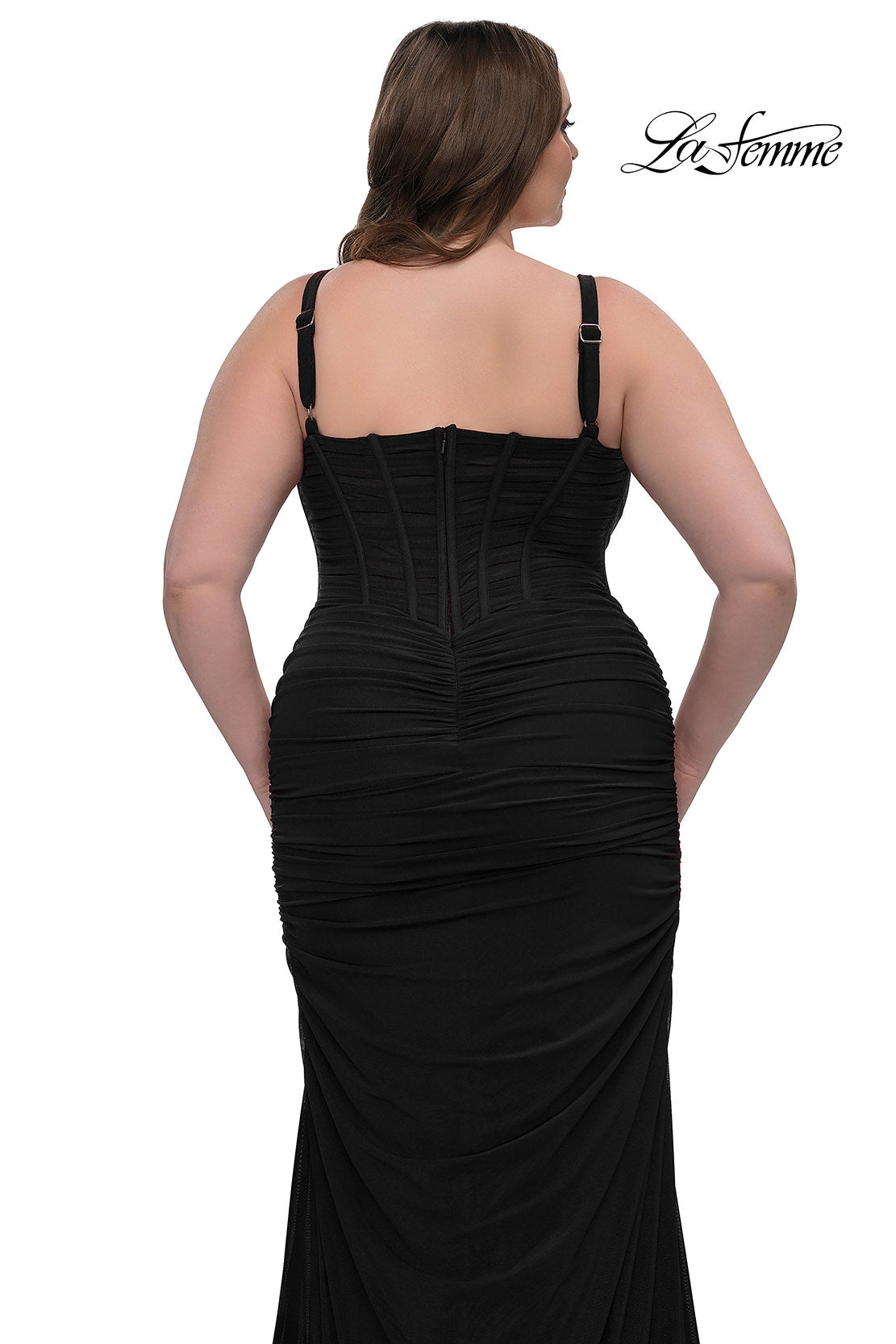 Picture of: Corset Net Jersey Plus Size Dress with V Neck in Black, Style: 32402, Detail Picture 4