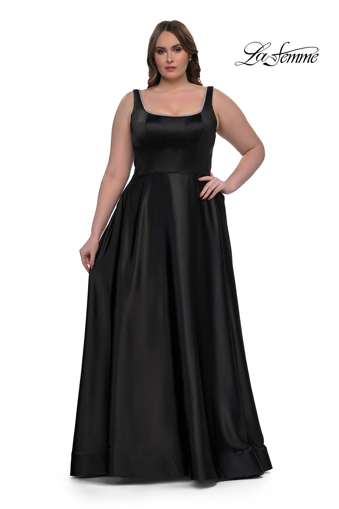 Picture of: A-line Satin Plus Prom Dress with Rhinestone Neckline in Black, Style: 33026, Detail Picture 4