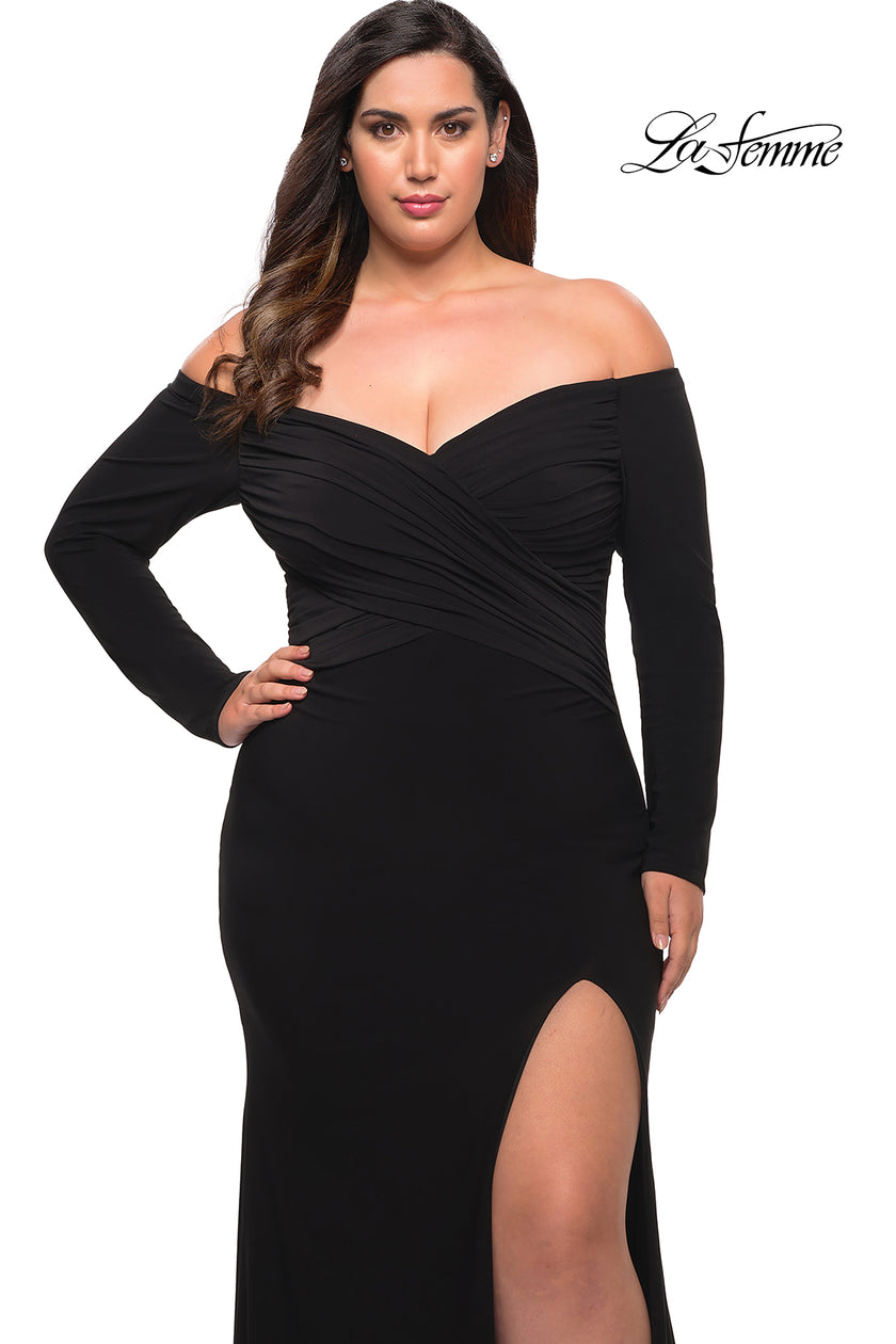 Picture of: Long Sleeve Off the Shoulder Plus Size Gown in Black, Style: 29530, Detail Picture 5