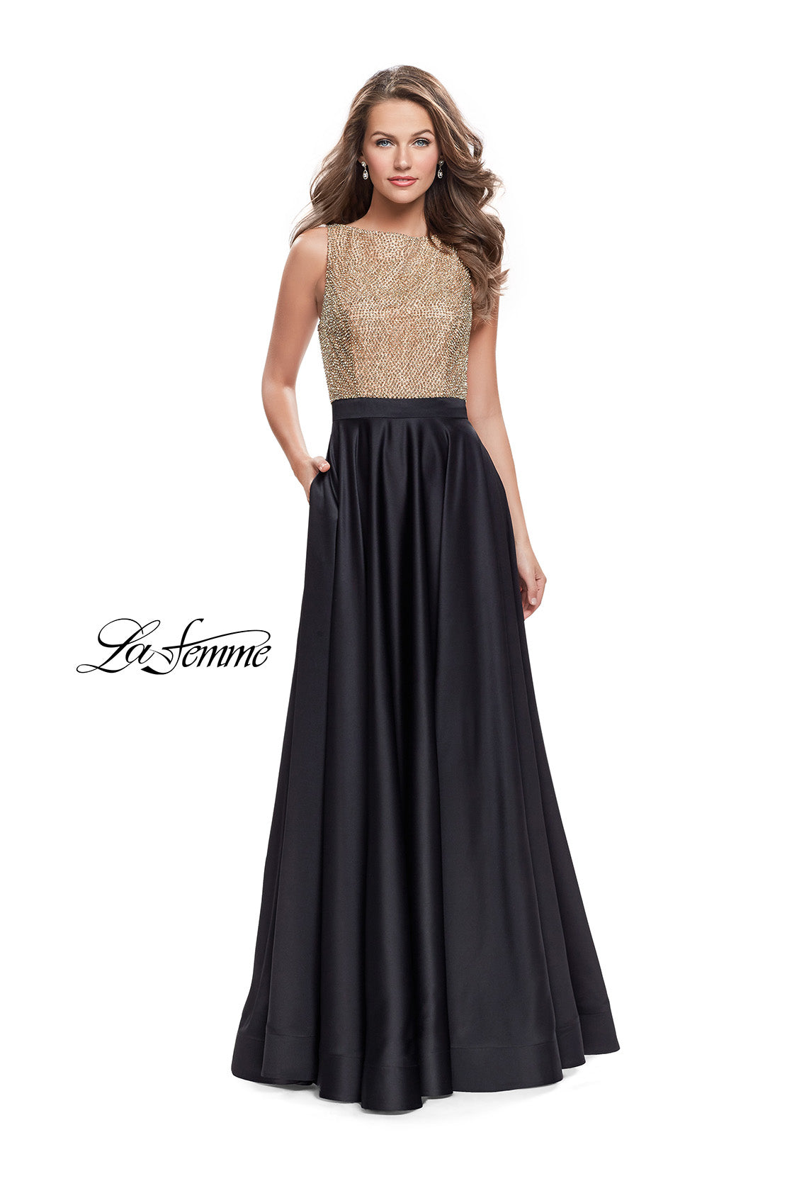 Picture of: Long A Line Dress with Beaded Top and Cut Outs in Black, Style: 25362, Main Picture