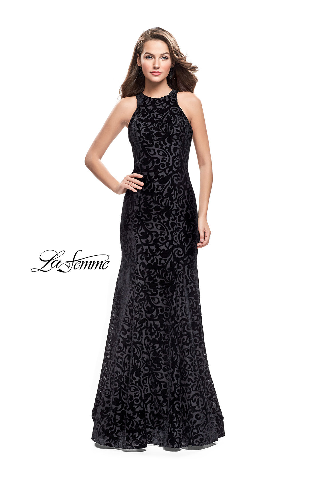 Picture of: Long Velvet Gown with a High Neck and Deep V in Black, Style: 25490, Main Picture