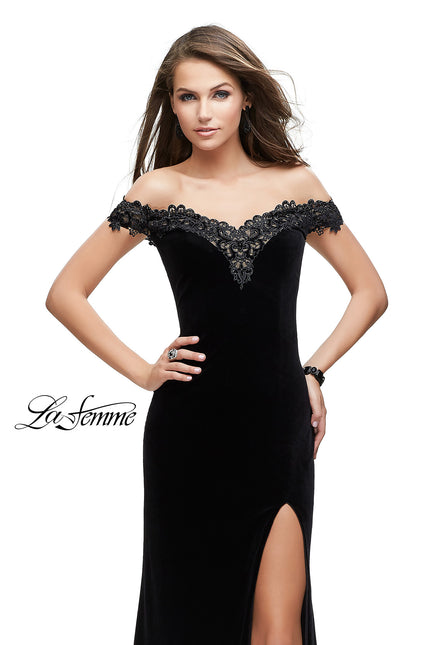 Picture of: Long Velvet Off the Shoulder Gown with Lace Detail in Black, Style: 25591, Main Picture