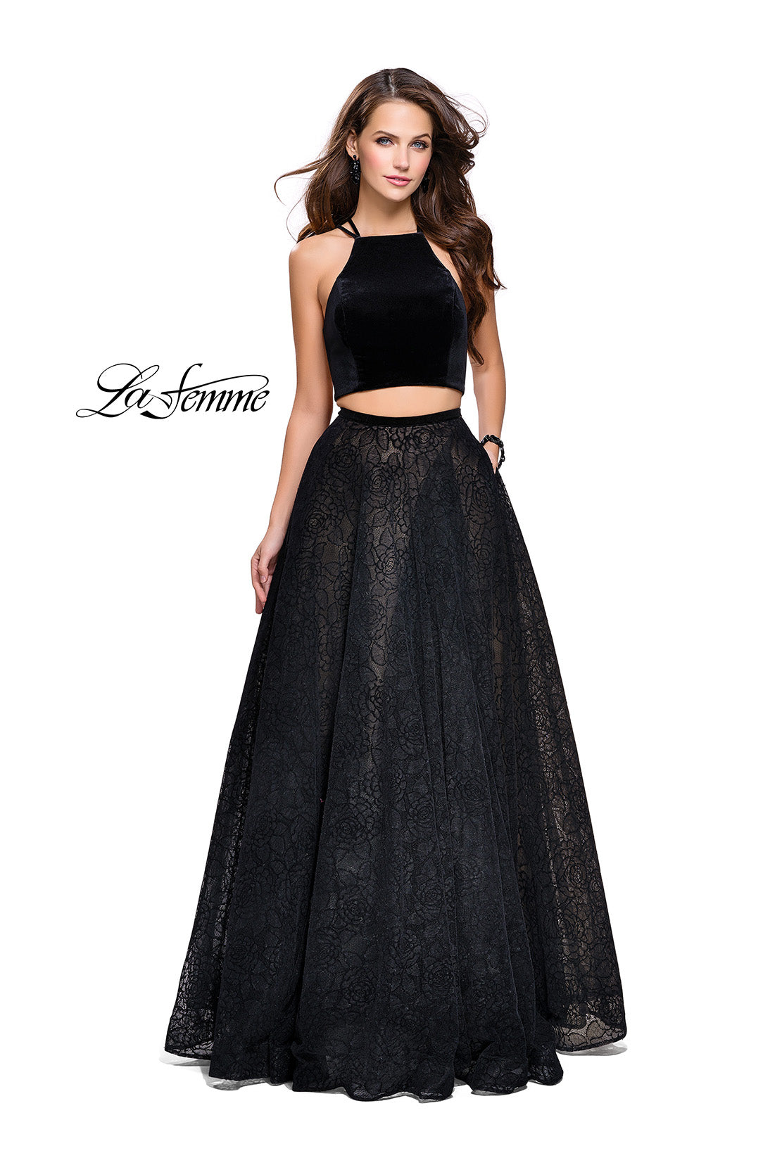 Picture of: Two Piece Long Ball Gown with Velvet Top and Open Back in Black, Style: 25592, Main Picture