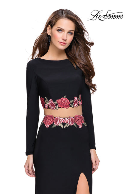 Picture of: Long Sleeve Two Piece Dress with Floral Applique in Black, Style: 25695, Main Picture